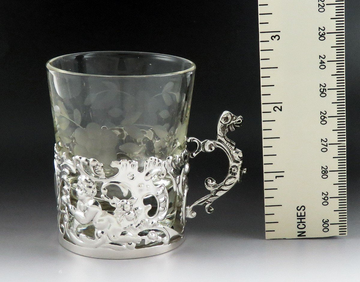 Lovely Set 6 1901 English Sterling Silver Glass Insert Handle Tea Liquor Cups