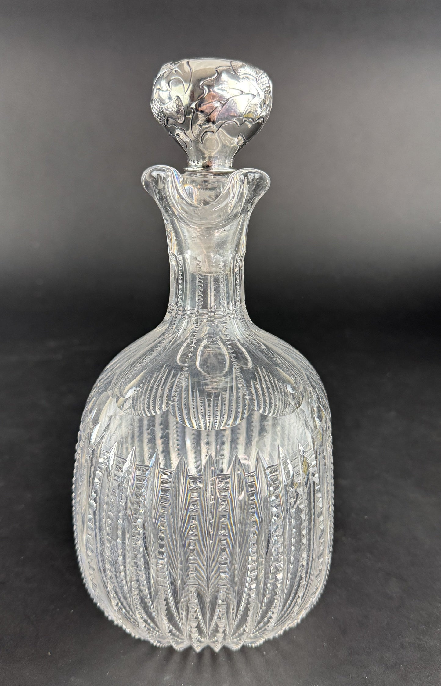 Elegant ABP Cut Glass Gorham Sterling Silver Thistle Scotch Whiskey Decanter