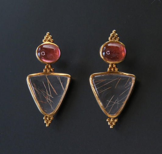Paula Crevoshay 18k Gold Rubellite Pink Tourmaline Rutilated Quartz Earrings