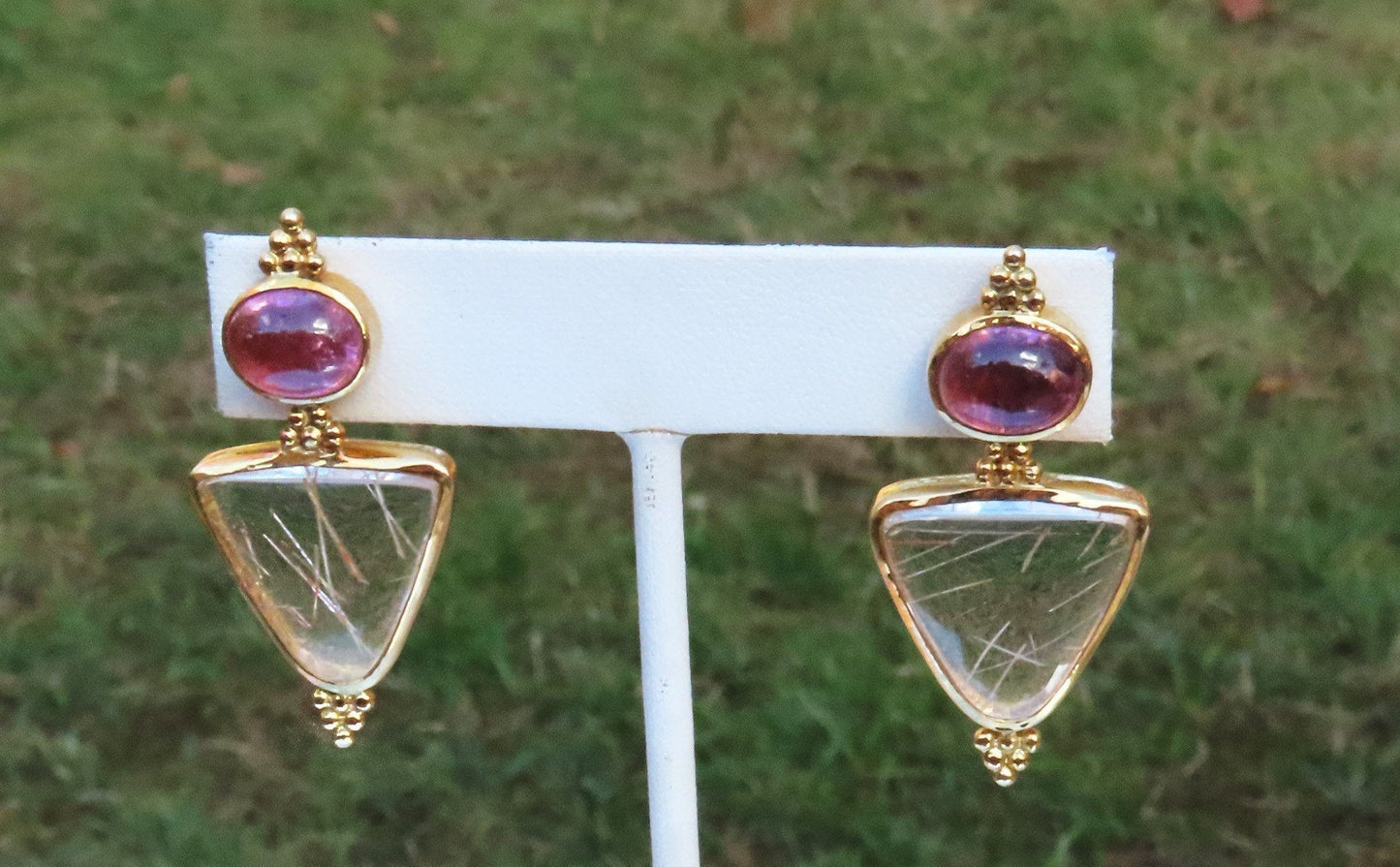 Paula Crevoshay 18k Gold Rubellite Pink Tourmaline Rutilated Quartz Earrings
