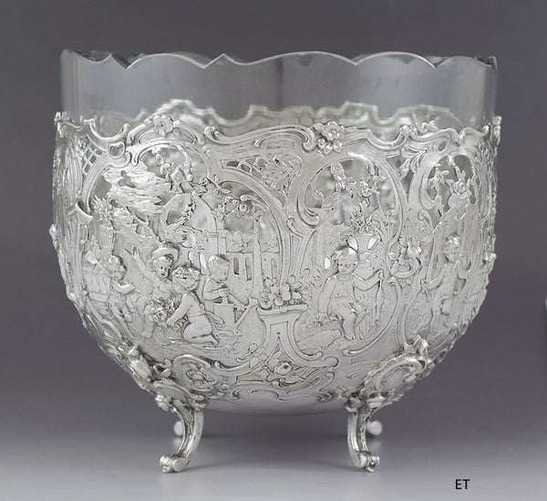 Antique Art Nouveau c1900 German 900 Silver Cut Glass Bowl Storck Sinsheimer