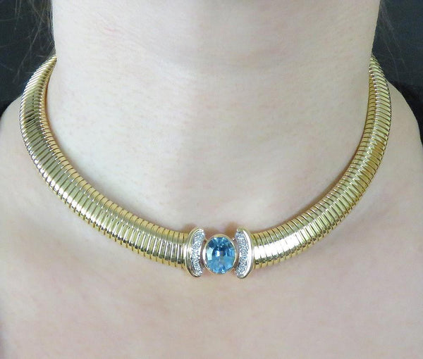 High End 14K Gold 6.7 CT Blue Topaz Gemstone VVS Diamond Choker Necklace