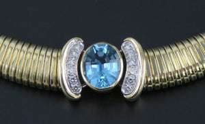 High End 14K Gold 6.7 CT Blue Topaz Gemstone VVS Diamond Choker Necklace