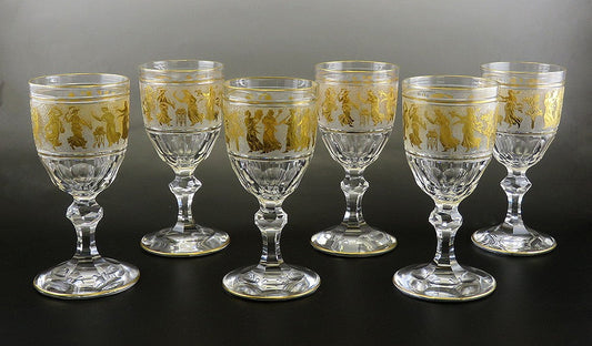 6 Val St Lambert Danse de Flore Gold Crystal Glass Water/Wine Goblets 6 3/4"
