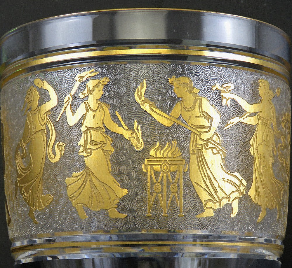 6 Val St Lambert Danse de Flore Gold Crystal Glass Water/Wine Goblets 6 3/4"
