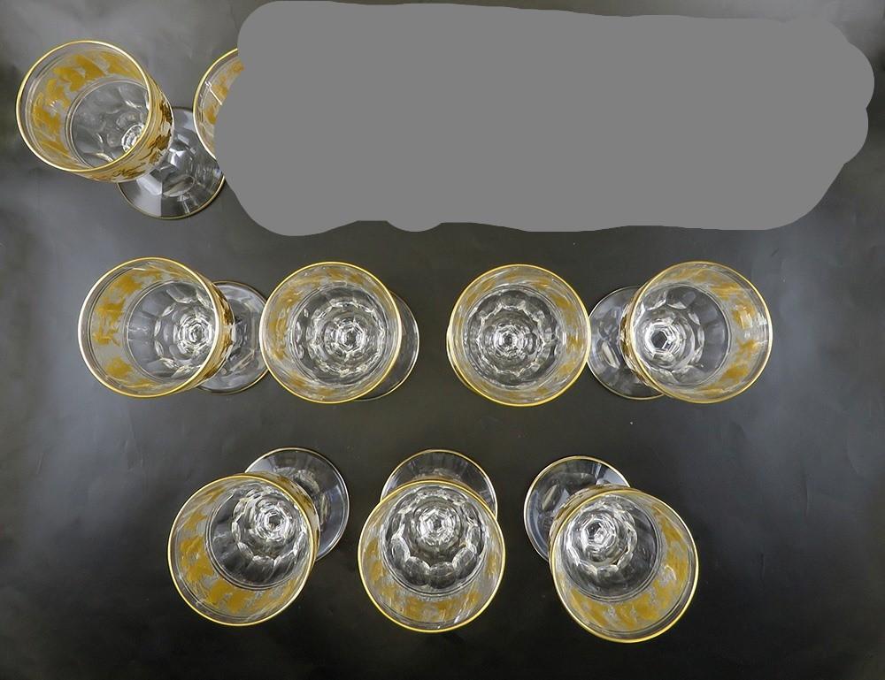 8 Val St Lambert Danse de Flore Gold Crystal Glass Water/Wine Goblets 6 3/4"