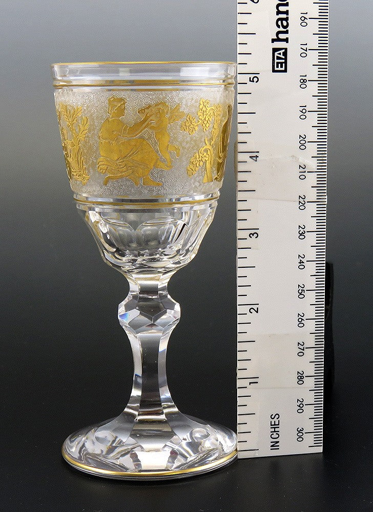 Pair Val St Lambert Danse de Flore Crystal Glass Gold Small Wine Goblets 5 1/4"