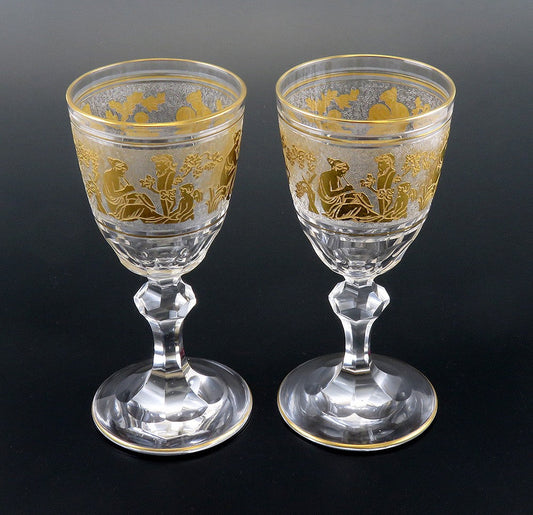 Pair Val St Lambert Danse de Flore Crystal Glass Gold Small Wine Goblets 5 1/4"