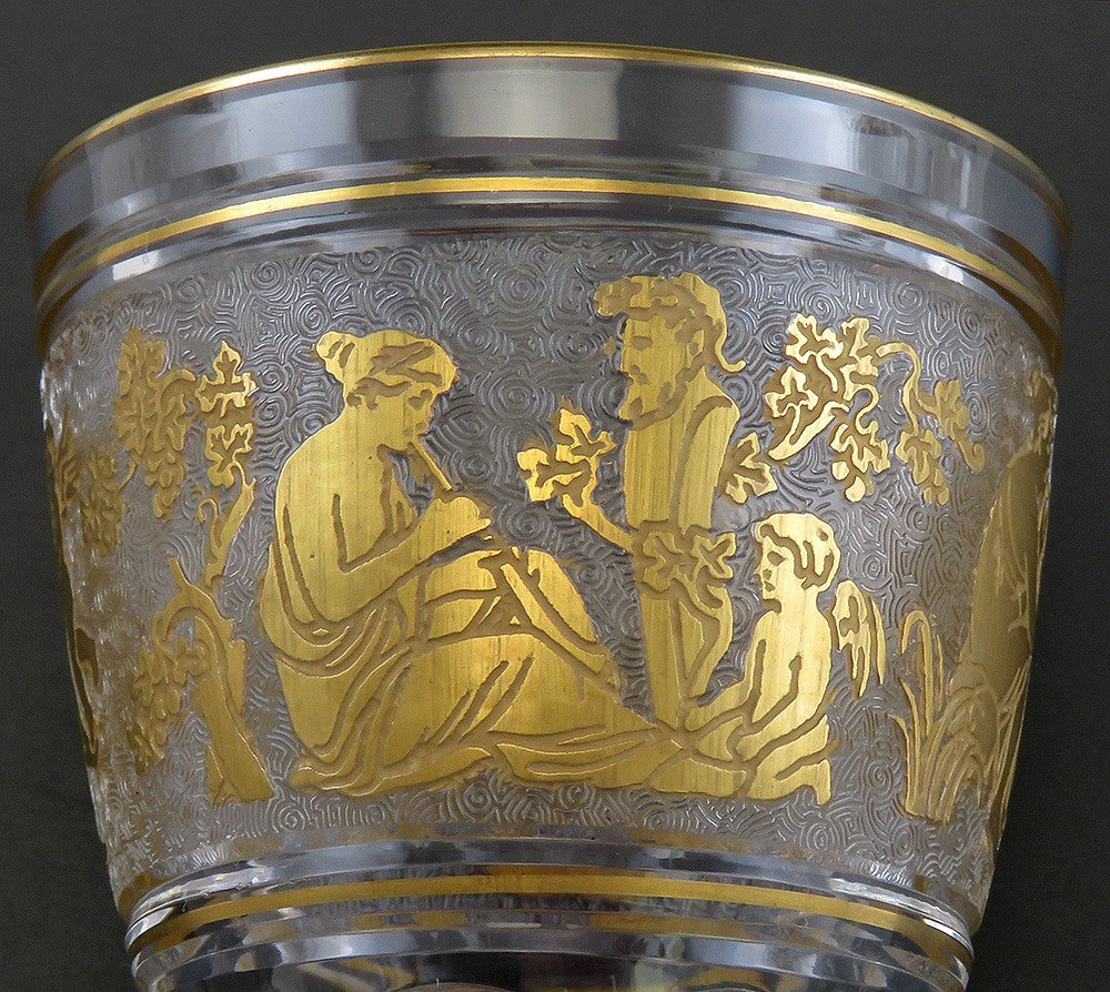 Pair Val St Lambert Danse de Flore Crystal Glass Gold Small Wine Goblets 5 1/4"