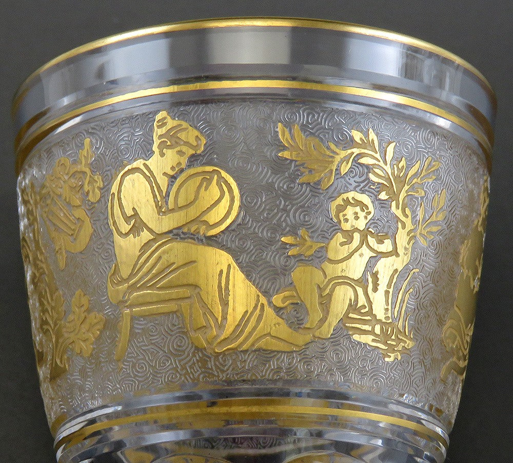 Pair Val St Lambert Danse de Flore Crystal Glass Gold Small Wine Goblets 5 1/4"