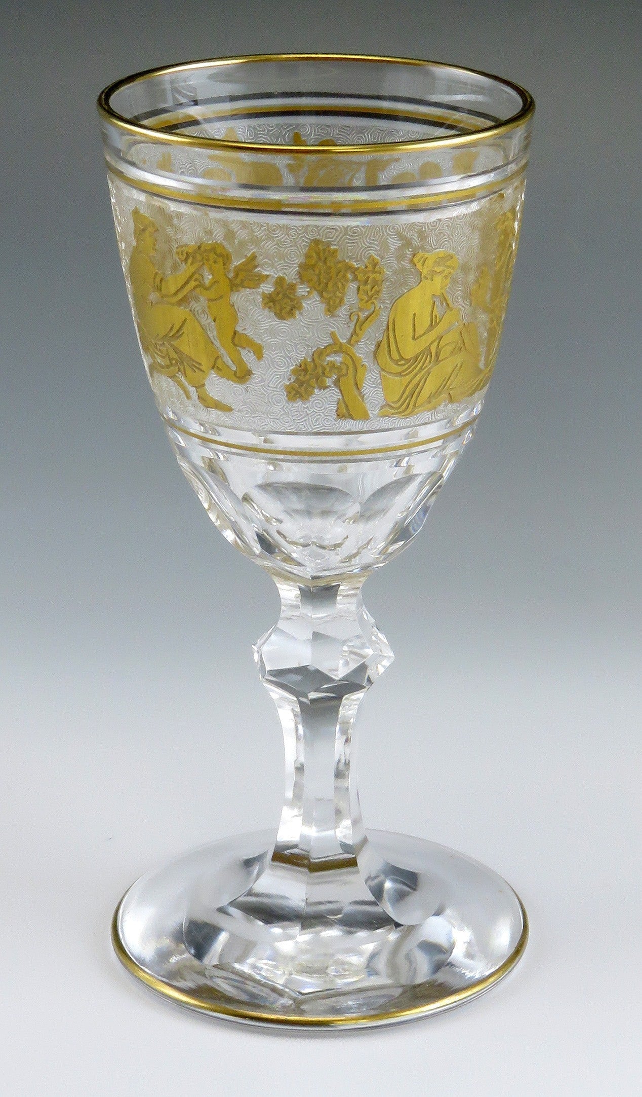 Pair Val St Lambert Danse de Flore Crystal Glass Gold Small Wine Goblets 5 1/4"