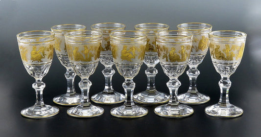 9 Val St Lambert Danse de Flore Gold Crystal Glass Small Wine Goblets 5"