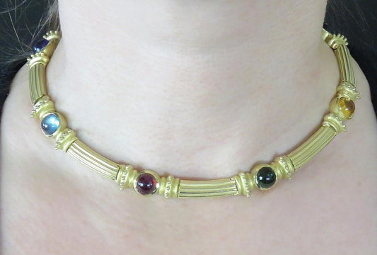 Etruscan Style 14K Yellow Gold Amethyst Tourmaline Citrine Topaz Choker Necklace