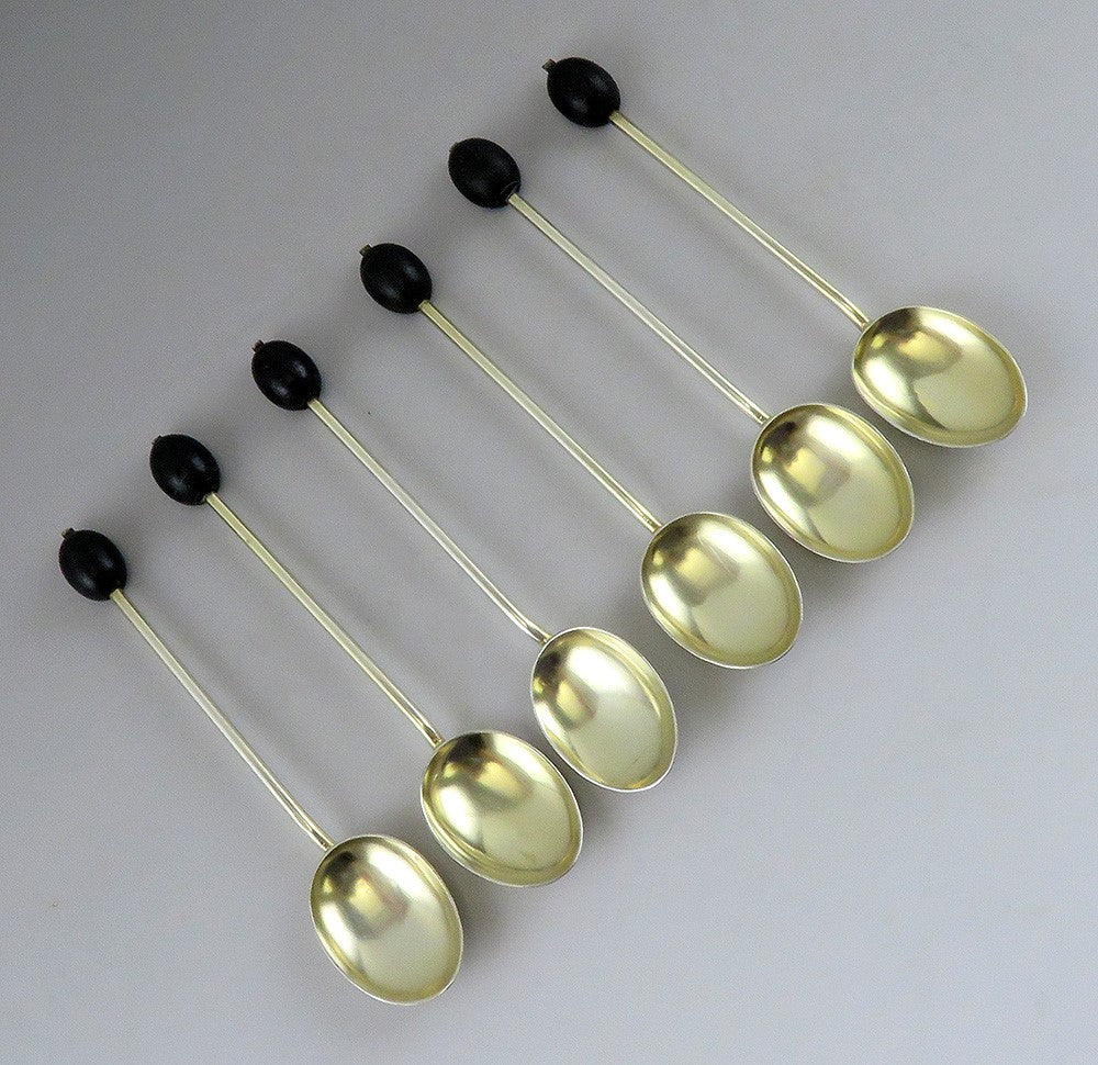 6 Antique 1924 English Gilded Sterling Silver Coffee Bean End Demitasse Spoons