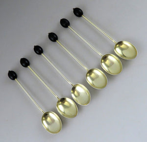 6 Antique 1924 English Gilded Sterling Silver Coffee Bean End Demitasse Spoons