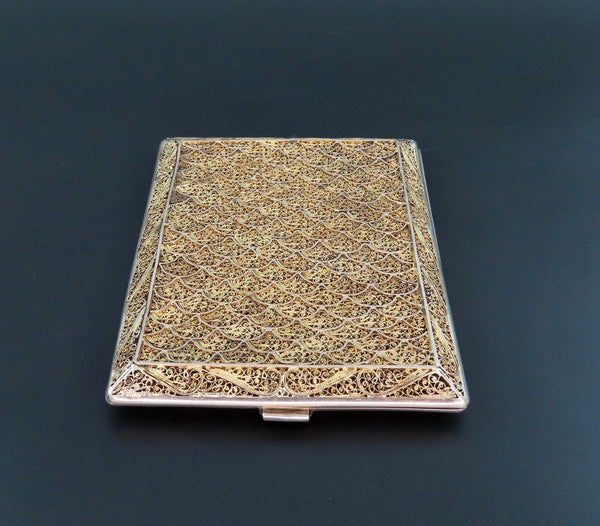 Gorgeous Vintage Portuguese Silver Cigarette Case Gold Wash Fan Pattern 4 1/4"