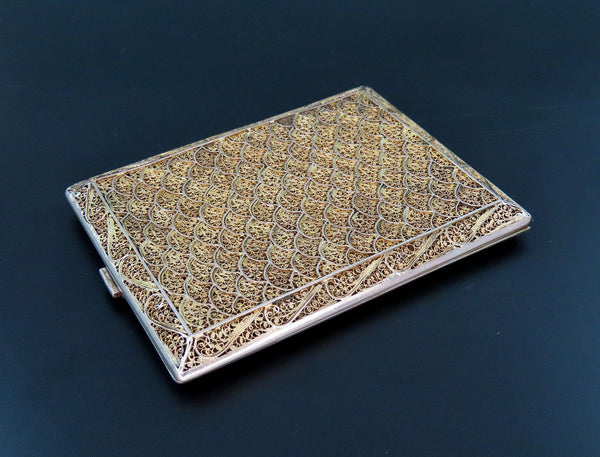 Gorgeous Vintage Portuguese Silver Cigarette Case Gold Wash Fan Pattern 4 1/4"