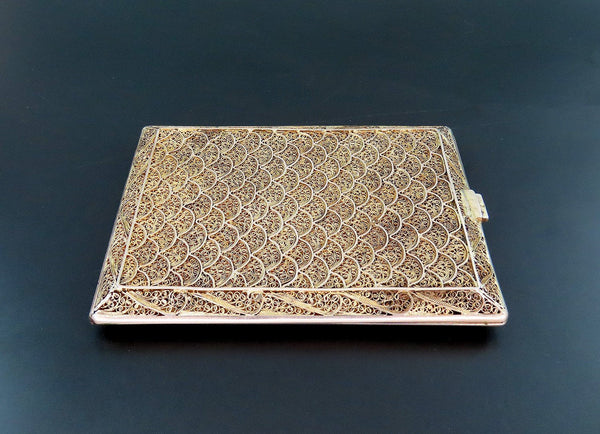 Gorgeous Vintage Portuguese Silver Cigarette Case Gold Wash Fan Pattern 4 1/4"