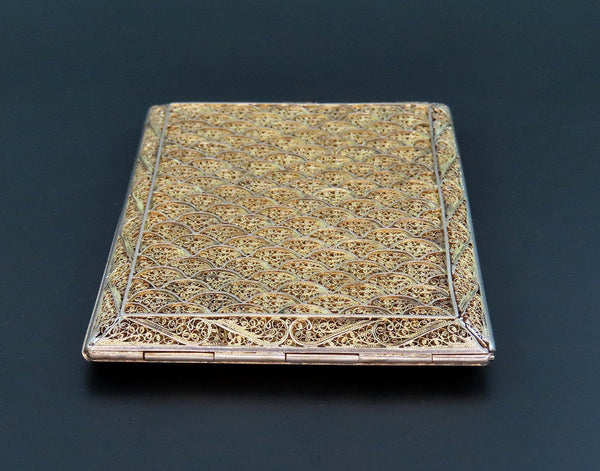 Gorgeous Vintage Portuguese Silver Cigarette Case Gold Wash Fan Pattern 4 1/4"