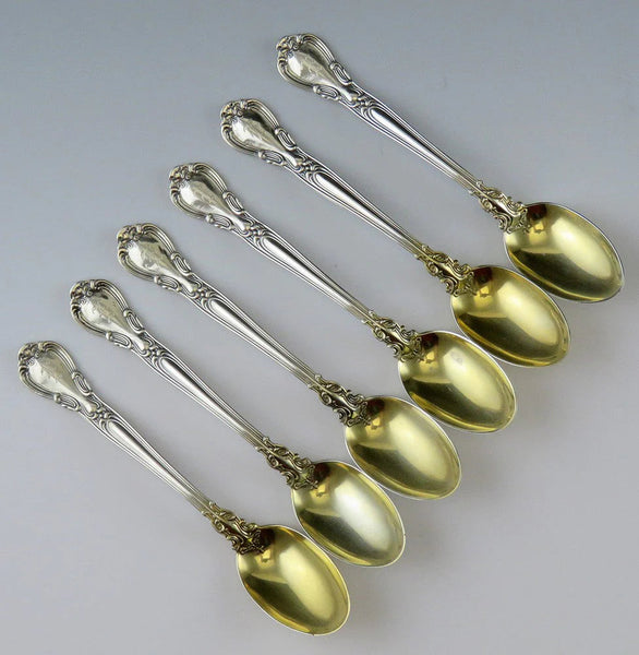 6 Antique Gilded Sterling Silver Gorham Chantilly 1895 Demitasse Spoons E mono