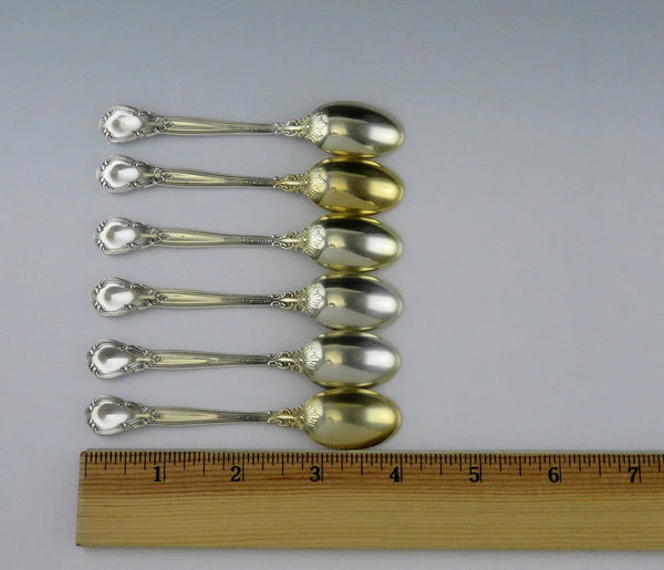 6 Antique Gilded Sterling Silver Gorham Chantilly 1895 Demitasse Spoons E mono