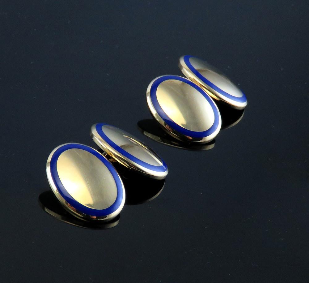 Vintage 18K Yellow Gold Blue Enamel Tiffany & Co Heavy Oval Cufflinks NO MONO