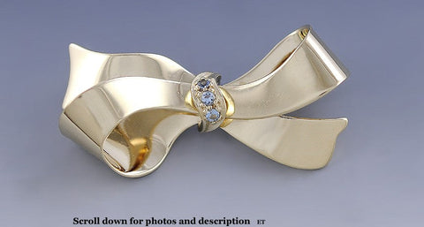 Stunning Retro 14k Yellow Gold Blue Gemstone Bow/Ribbon Shaped Brooch