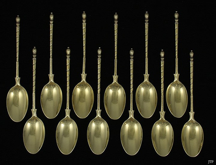 12 Antique 1850s French Gilt 950 Sterling Silver Engraved Demitasse Spoons 4 3/4