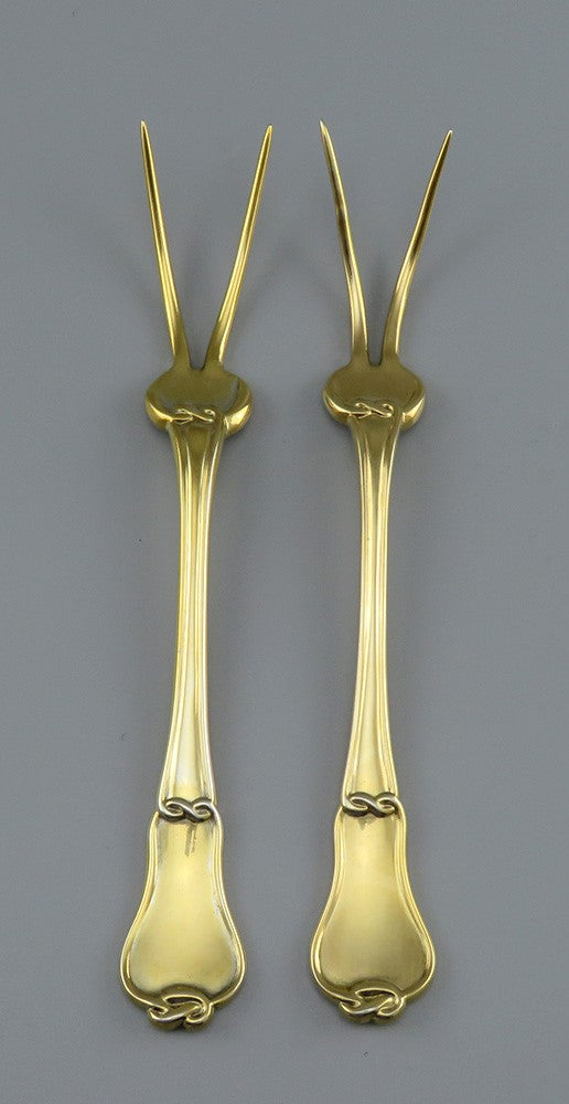 Pair 1859 Russian Gilt Silver Meat Potato Forks by K.F. Malcz Fleur de Lis Crest
