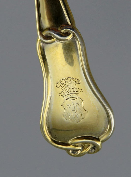 Pair 1859 Russian Gilt Silver Meat Potato Forks by K.F. Malcz Fleur de Lis Crest