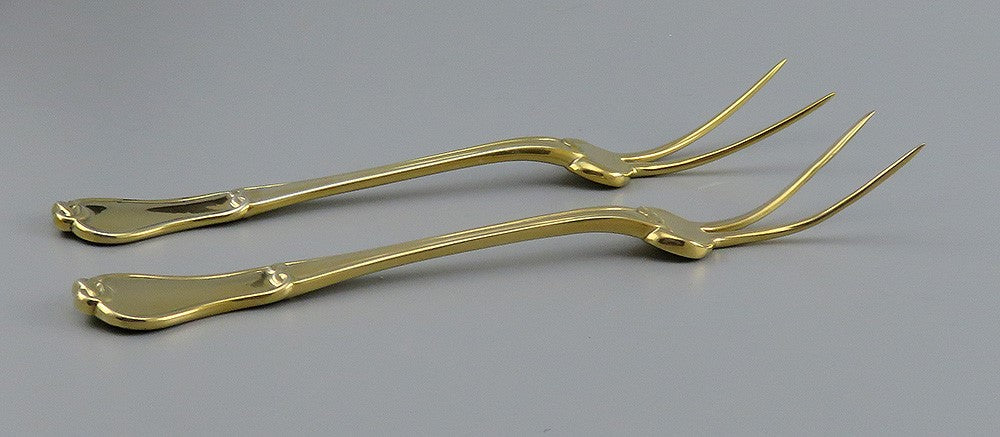 Pair 1859 Russian Gilt Silver Meat Potato Forks by K.F. Malcz Fleur de Lis Crest