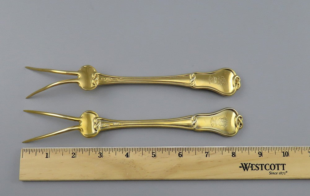 Pair 1859 Russian Gilt Silver Meat Potato Forks by K.F. Malcz Fleur de Lis Crest