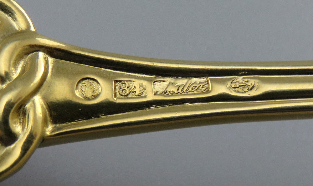 Pair 1859 Russian Gilt Silver Meat Potato Forks by K.F. Malcz Fleur de Lis Crest