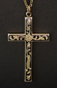 c1860s Victorian 10k Yellow Gold Black Enamel Mourning Cross Pendant on Chain