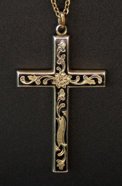 c1860s Victorian 10k Yellow Gold Black Enamel Mourning Cross Pendant on Chain