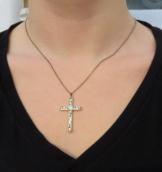 c1860s Victorian 10k Yellow Gold Black Enamel Mourning Cross Pendant on Chain