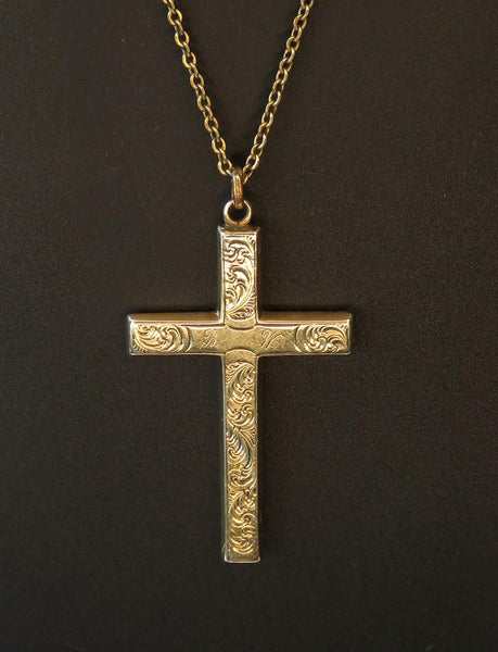 c1860s Victorian 10k Yellow Gold Black Enamel Mourning Cross Pendant on Chain