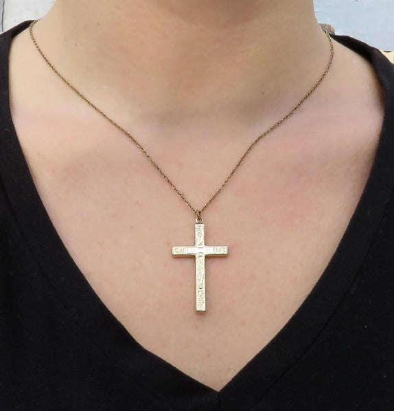 c1860s Victorian 10k Yellow Gold Black Enamel Mourning Cross Pendant on Chain