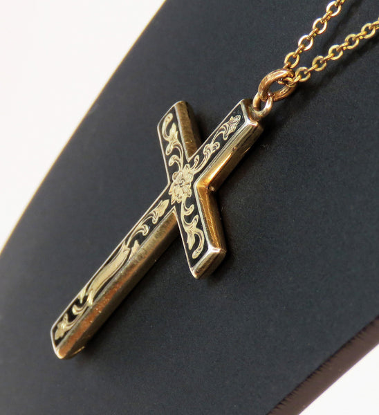 c1860s Victorian 10k Yellow Gold Black Enamel Mourning Cross Pendant on Chain