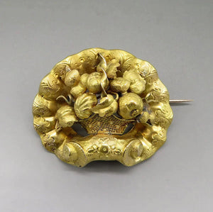 Antique American Victorian 14K Yellow Gold Handmade Basket of Fruit Brooch Pin