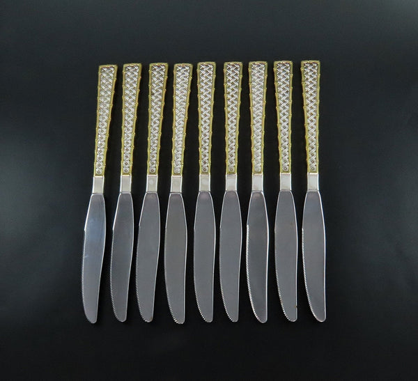 Rare Set 9 Int'l Golden Tradewinds Sterling Silver Gilt Handle Steak Knives