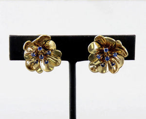 Lovely Pair Retro 14k Gold Sapphire Flower Floral Clip Earrings