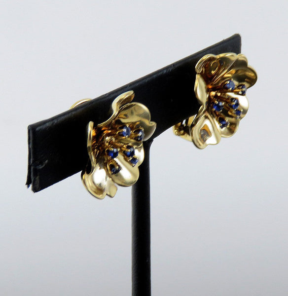 Lovely Pair Retro 14k Gold Sapphire Flower Floral Clip Earrings