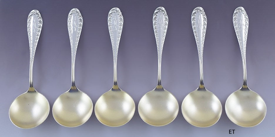 Fine set 6 Shiebler Sterling Silver Victoria Bouillon Round Bowl Soup Spoons