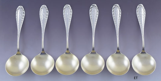Fine set 6 Shiebler Sterling Silver Victoria Bouillon Round Bowl Soup Spoons