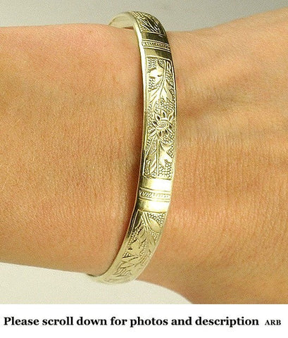 Antique Chinese Export Silver 800 Purity Bangle Bracelet w/ Bamboo and Flowers