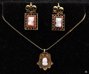 Antique 2 Pc Cameo Jewelry Necklace Pendant Earrings Gold Plated