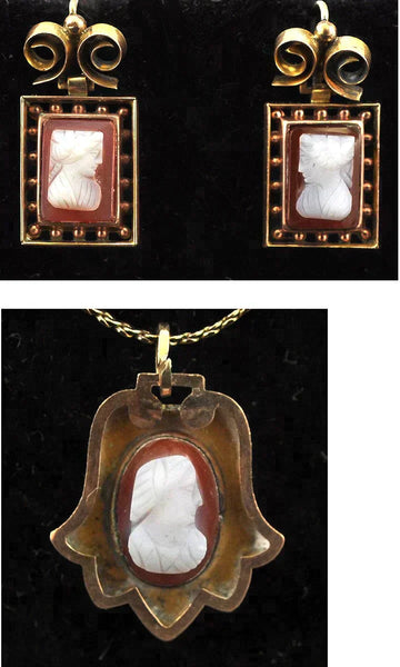 Antique 2 Pc Cameo Jewelry Necklace Pendant Earrings Gold Plated