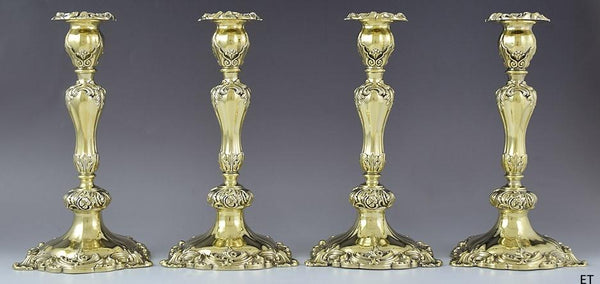 4 Antique English Victorian 1837 Gilt Gold Wash Sterling Silver Candlesticks