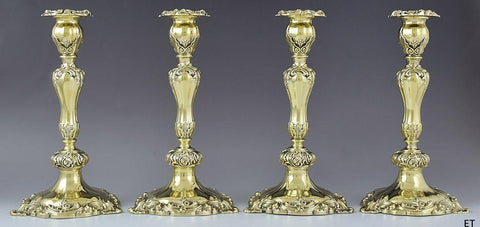 4 Antique English Victorian 1837 Gilt Gold Wash Sterling Silver Candlesticks